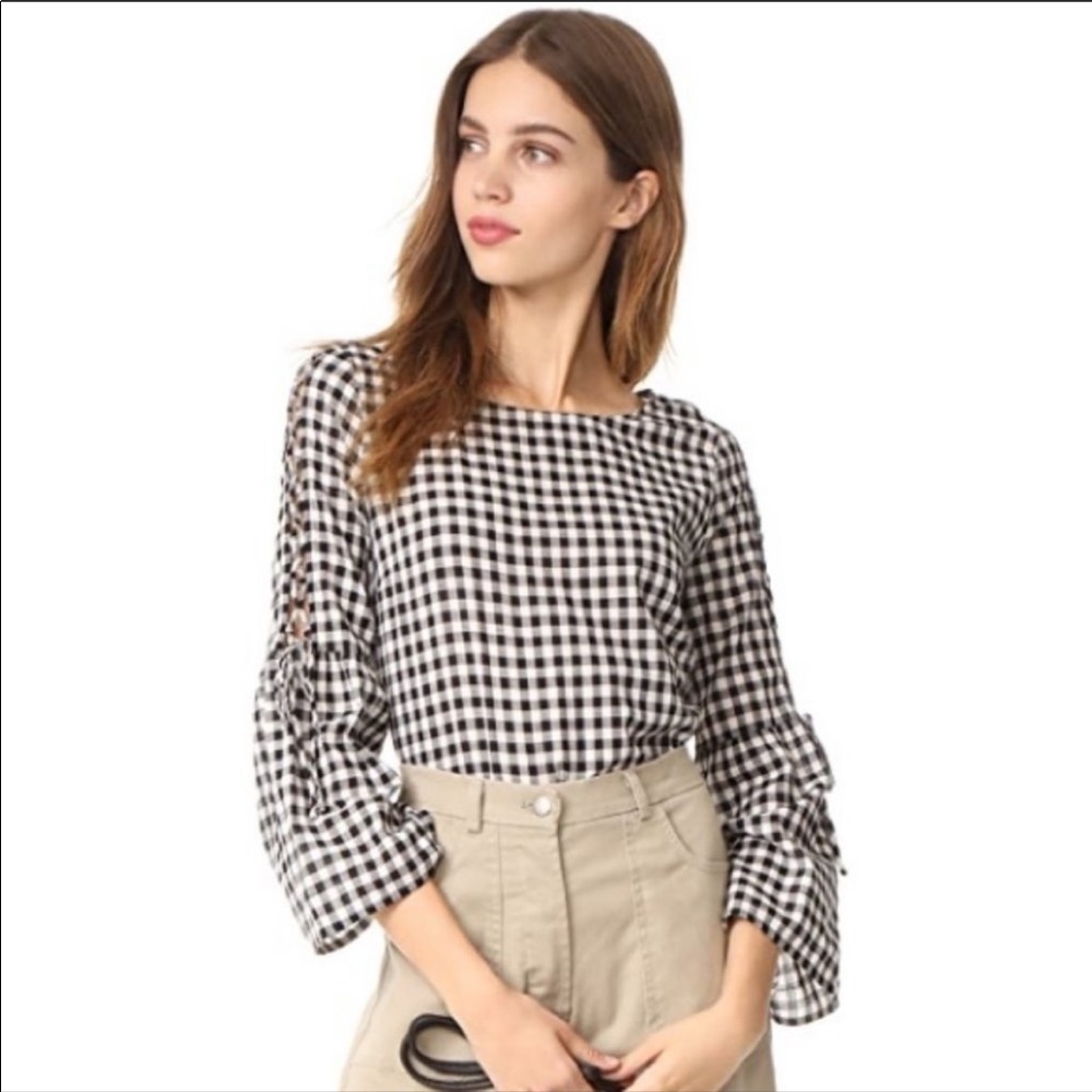 Gingham Lace-Up Bell-Sleeve Top